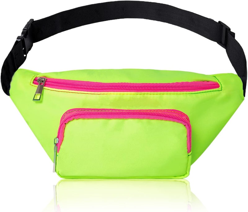FOLGOS Three Pockets Neon Retro 80s Fanny Pack for Women Men Travel Festival Theme Party Vintage Rave Accessories Plus Size Belt Bag Neon Green - Image 1